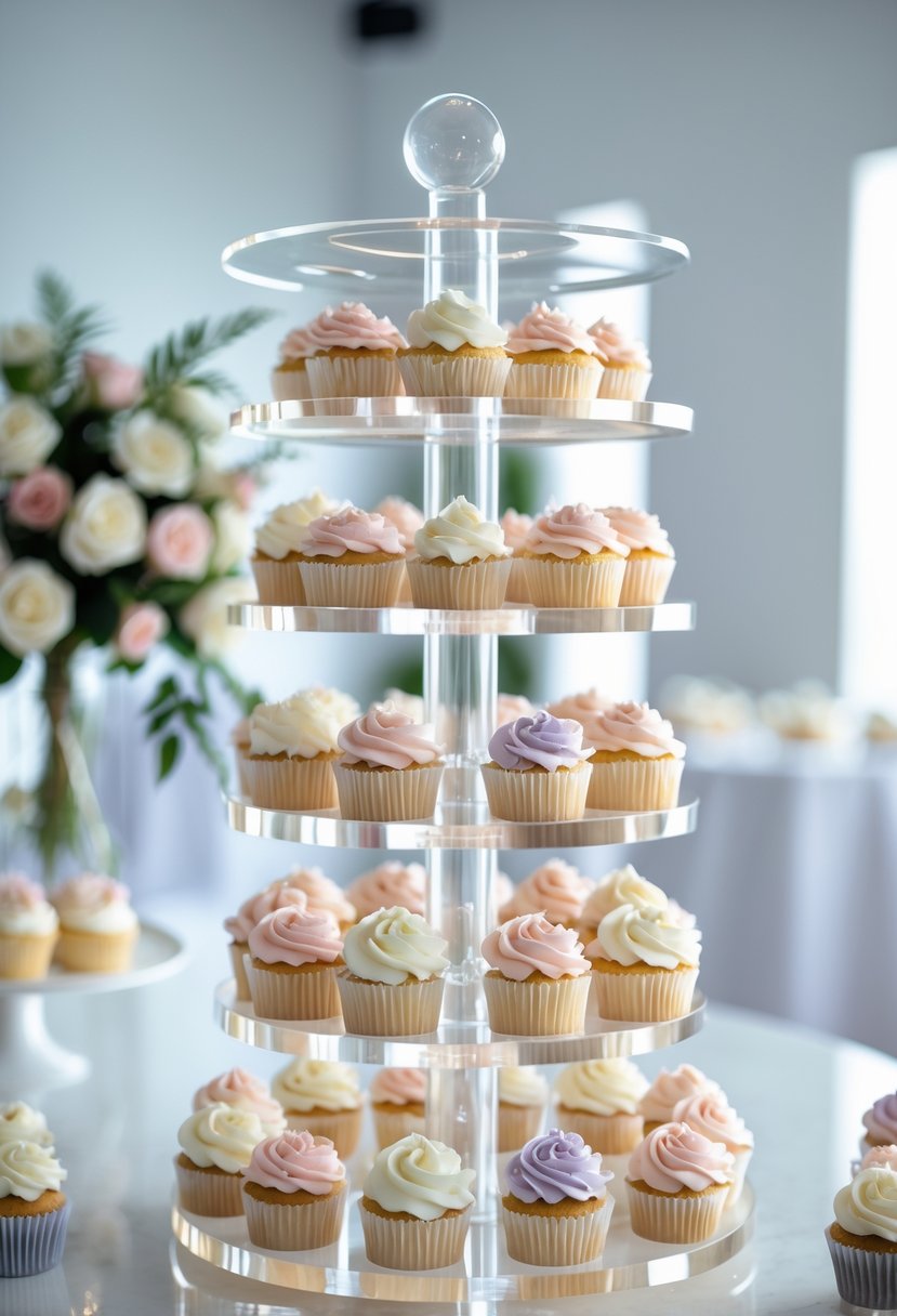 A clear acrylic cupcake carousel displaying multiple tiers of decorated cupcakes at a wedding reception.