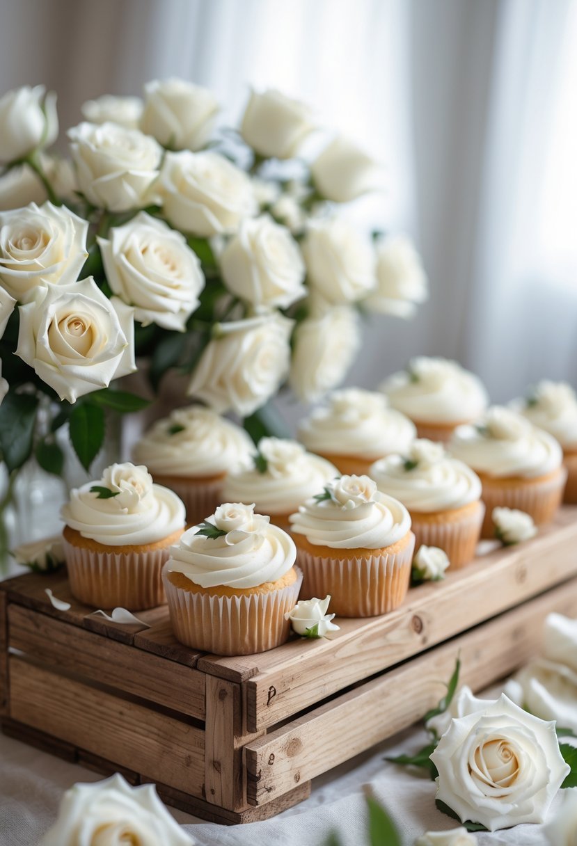 A wooden crate holding white roses and wedding cupcakes arranged for display.