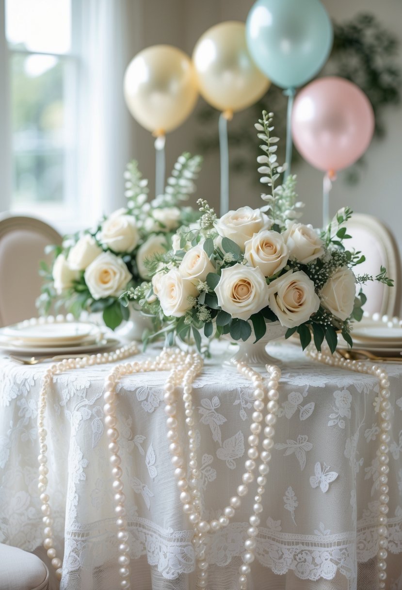 A wedding shower setup with a table decorated with white lace, pearl garlands, white roses, and pastel balloons in a softly lit room.