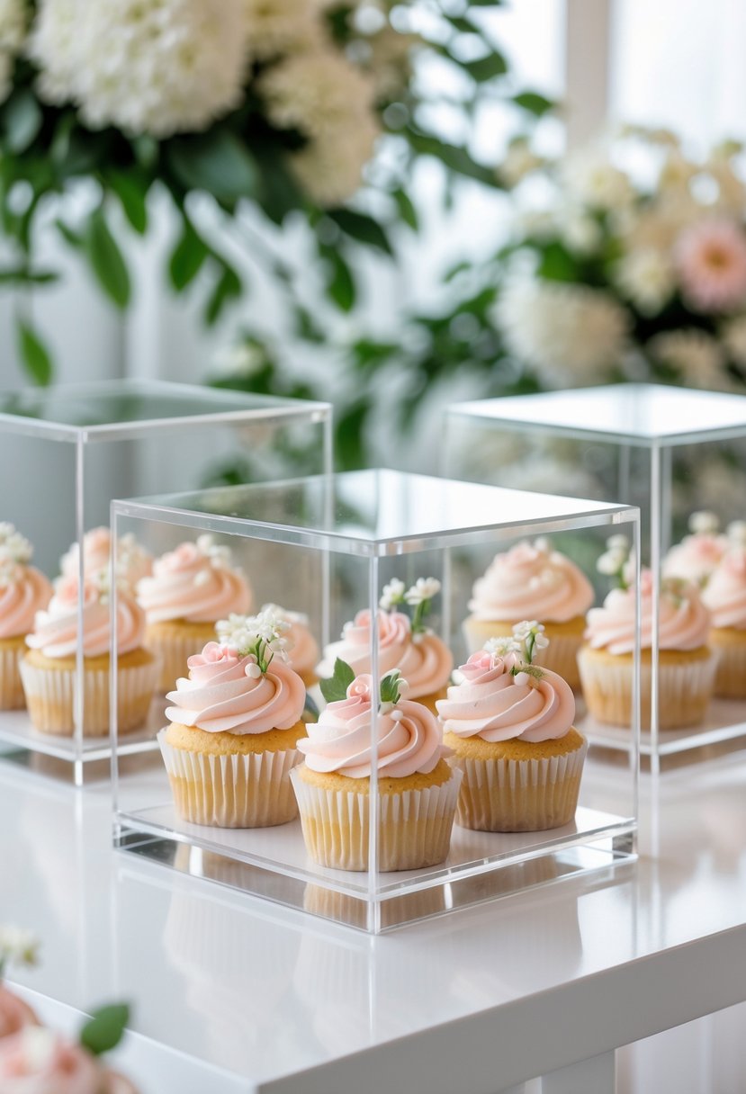 A table with transparent cube display boxes holding decorated cupcakes, surrounded by soft floral arrangements.