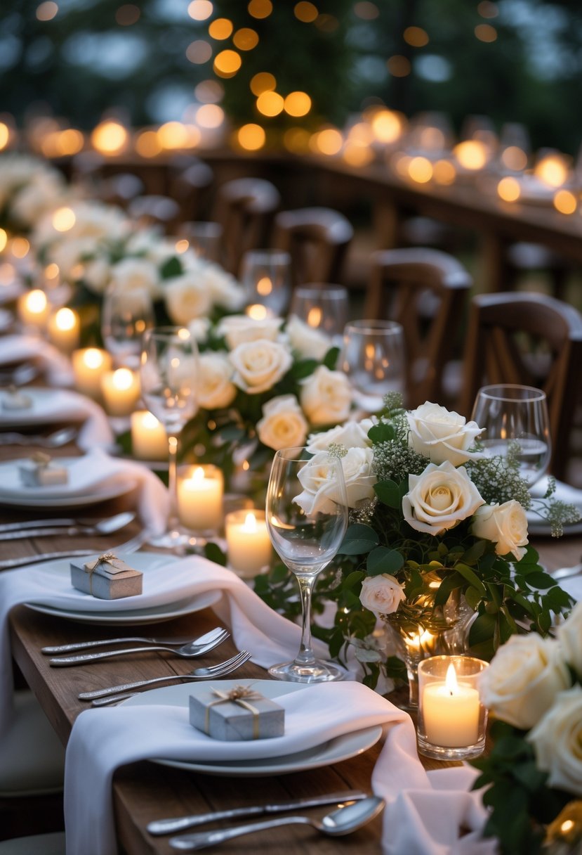 A candlelit dinner table set with white linens, flowers, candles, and elegant tableware for a wedding shower.