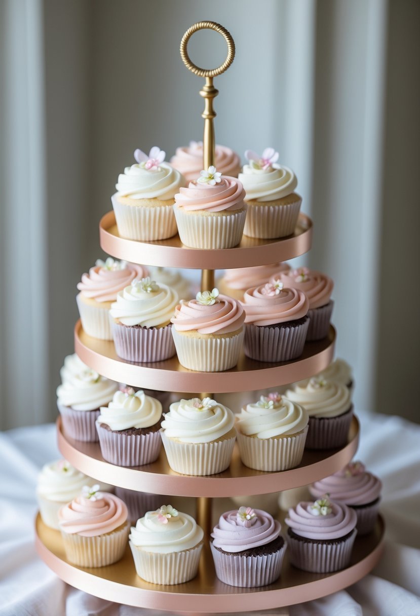 A round tiered cupcake stand decorated with satin ribbons, holding pastel-colored wedding cupcakes with floral toppings.