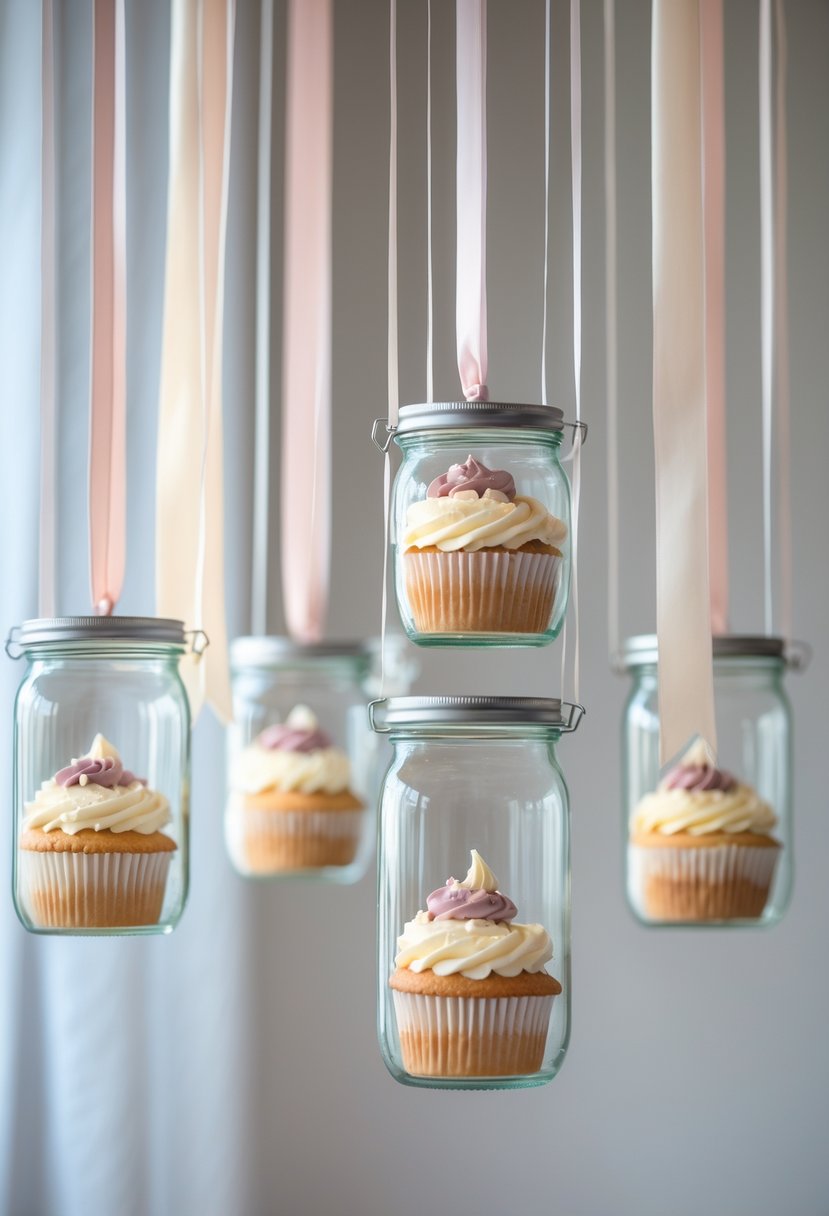 Glass jars hanging from ribbons, each containing a decorated cupcake, arranged as a wedding display.