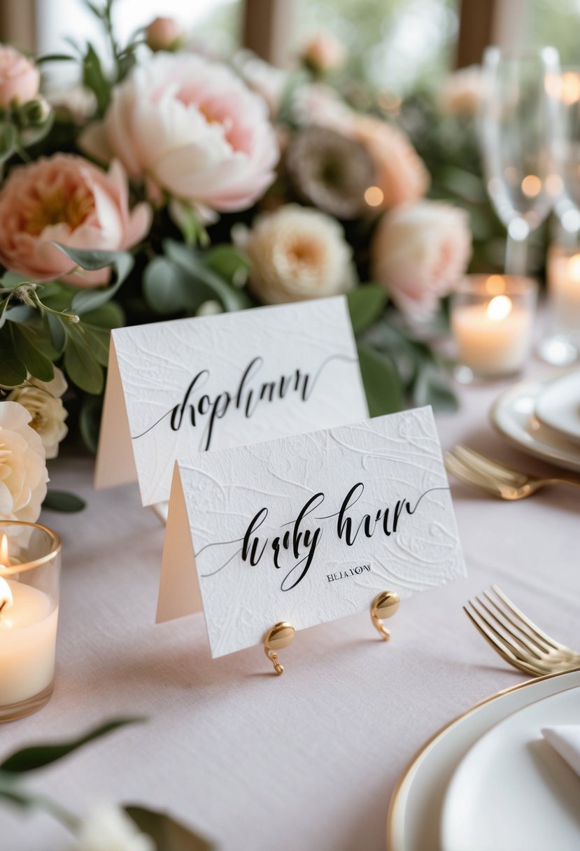 A table set with elegant calligraphy place cards surrounded by pastel flowers and candles at a wedding shower.