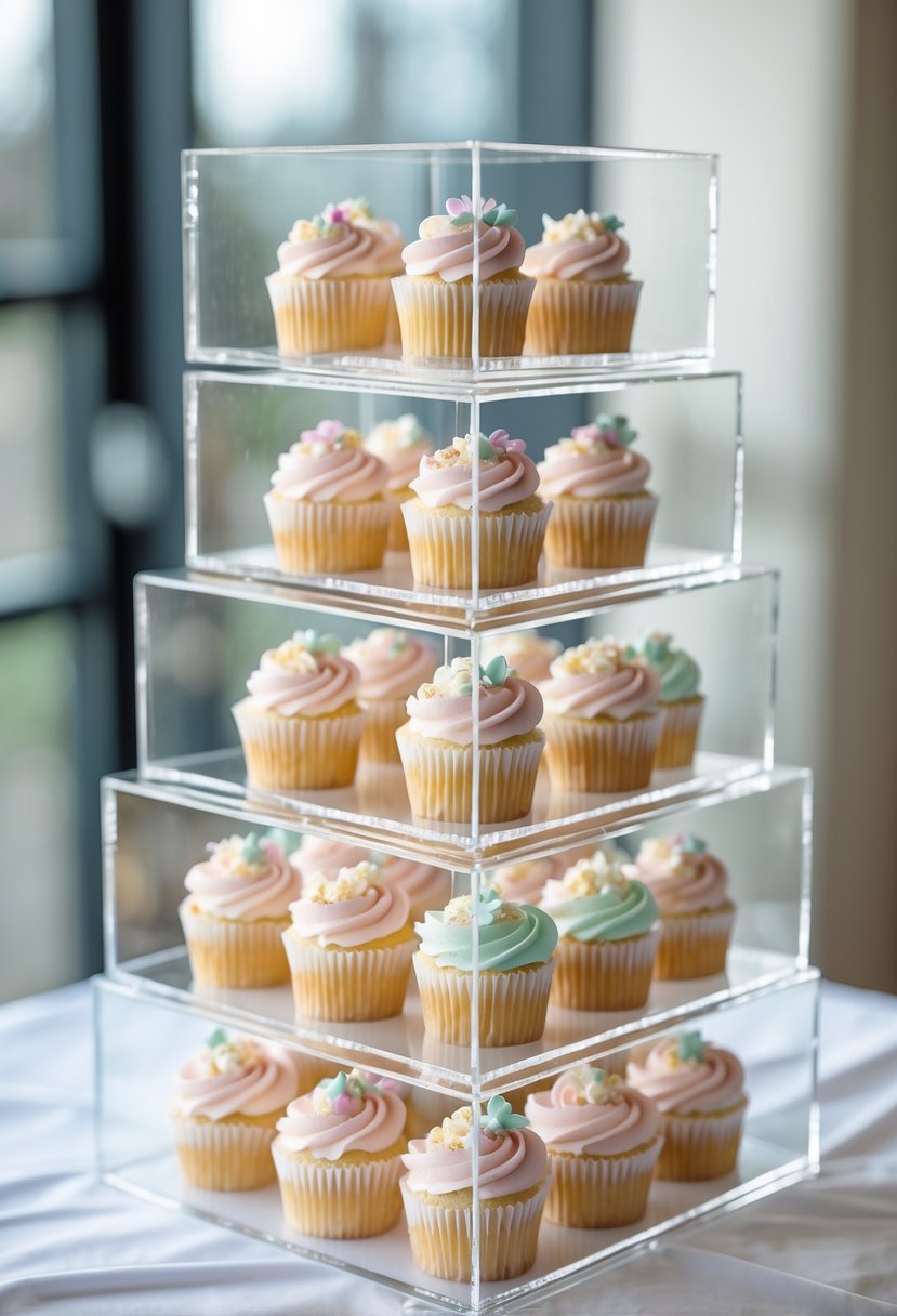 Stacked clear acrylic boxes displaying decorated cupcakes on a white table.