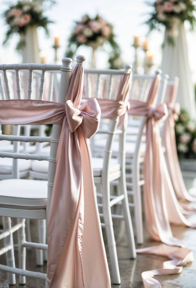 Rows of chairs decorated with silk ribbon sashes in a wedding or bridal shower setting with floral and greenery decorations.