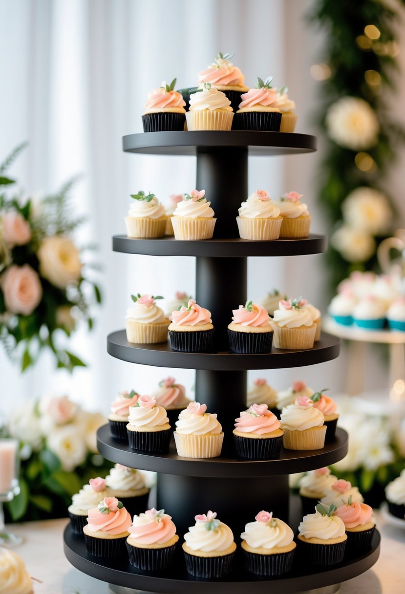 A modern wedding cupcake display with black matte tiers holding decorated cupcakes in a bright reception setting.