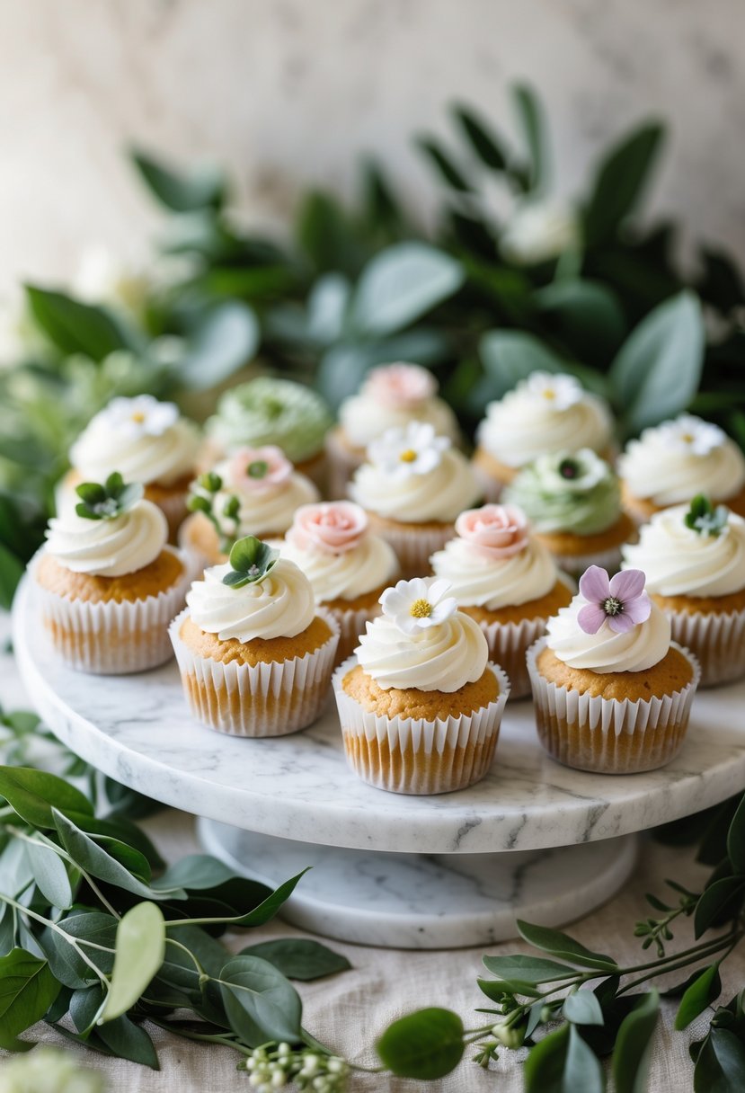 White marble slab displaying decorated wedding cupcakes surrounded by green leaves.