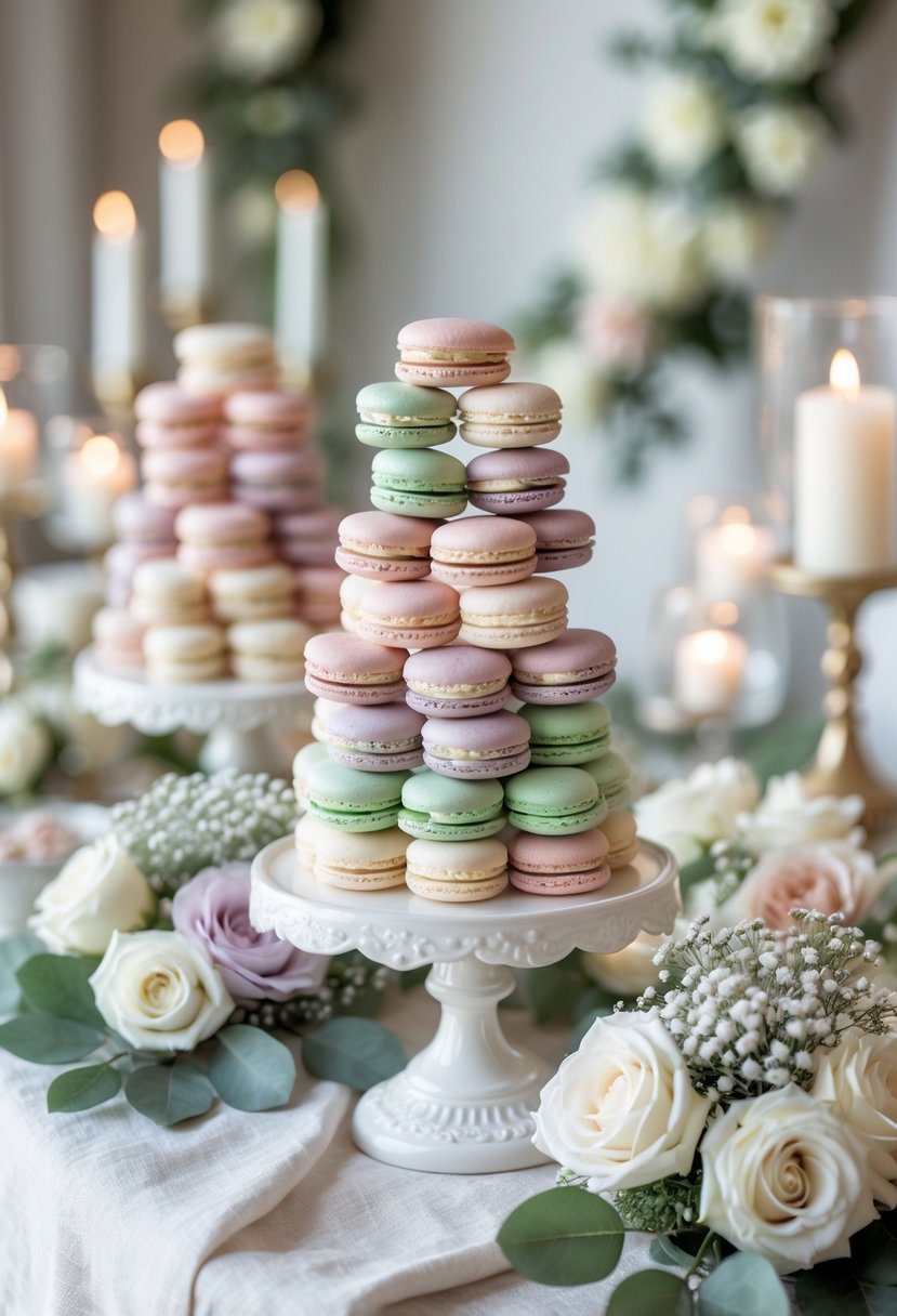 Miniature towers of pastel-colored macarons arranged on a table with flowers and candles at a wedding shower.