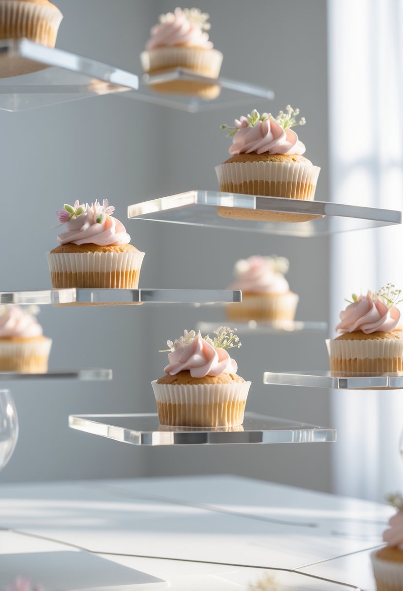 A wedding cupcake display with floating transparent platforms holding decorated cupcakes on a white surface.