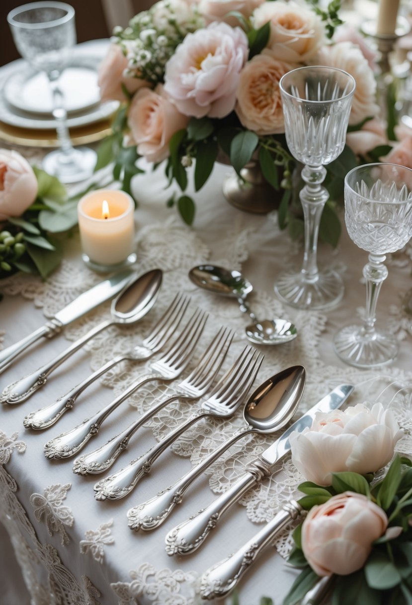 A table set with vintage silverware, floral arrangements, candles, and fine china for a wedding shower.