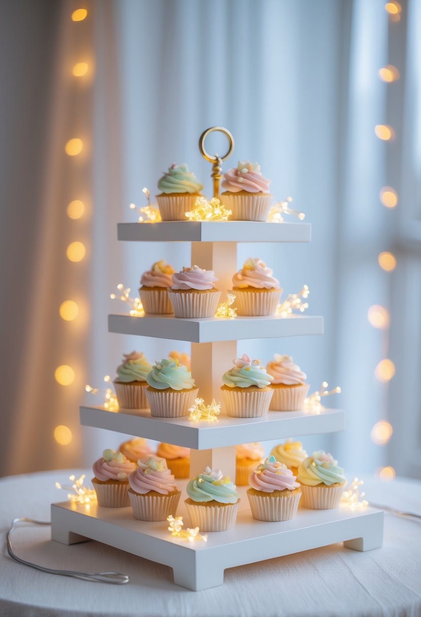 A white square tiered stand decorated with fairy lights holding wedding cupcakes.