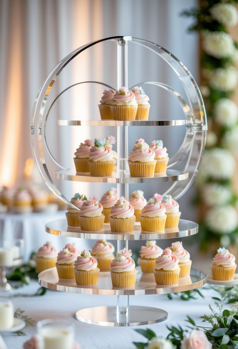 A circular rotating cupcake stand filled with decorated cupcakes at a wedding reception.