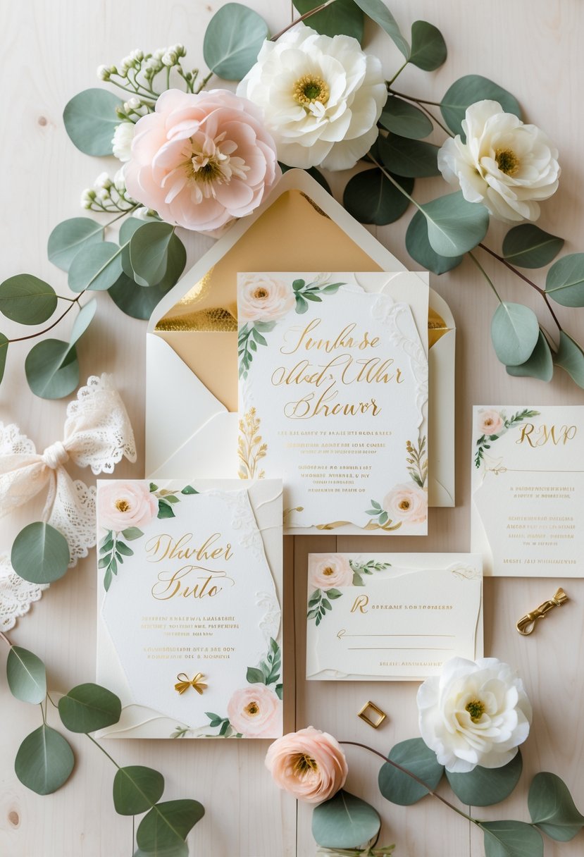 A handmade wedding shower invitation set with floral decorations and ribbon on a wooden surface.