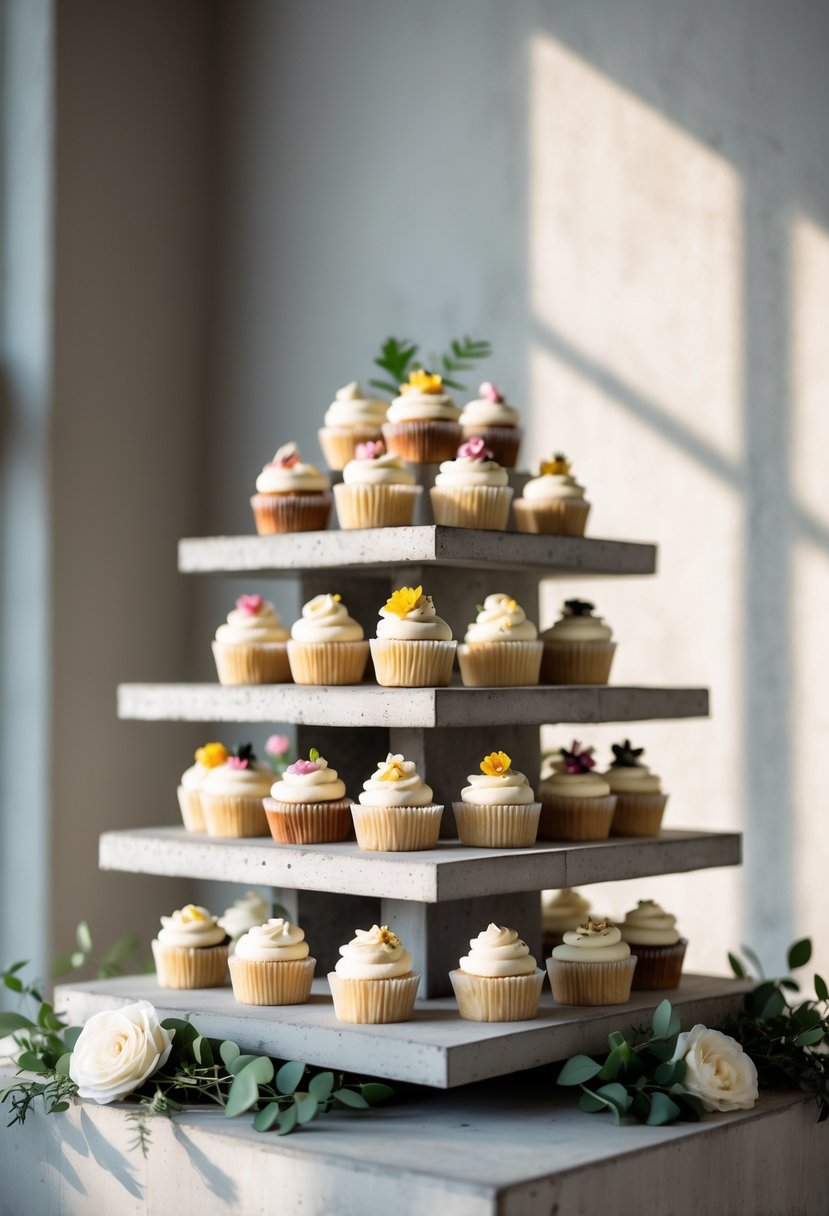 A multi-tiered concrete slab cupcake display with assorted decorated cupcakes arranged on stacked concrete slabs, surrounded by minimal greenery.