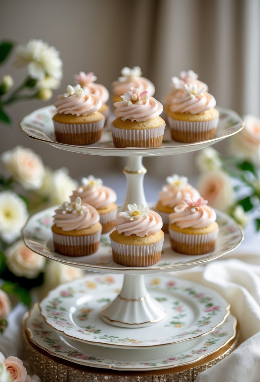 A wedding cupcake display with delicate porcelain plates decorated with floral patterns holding pastel-colored cupcakes.