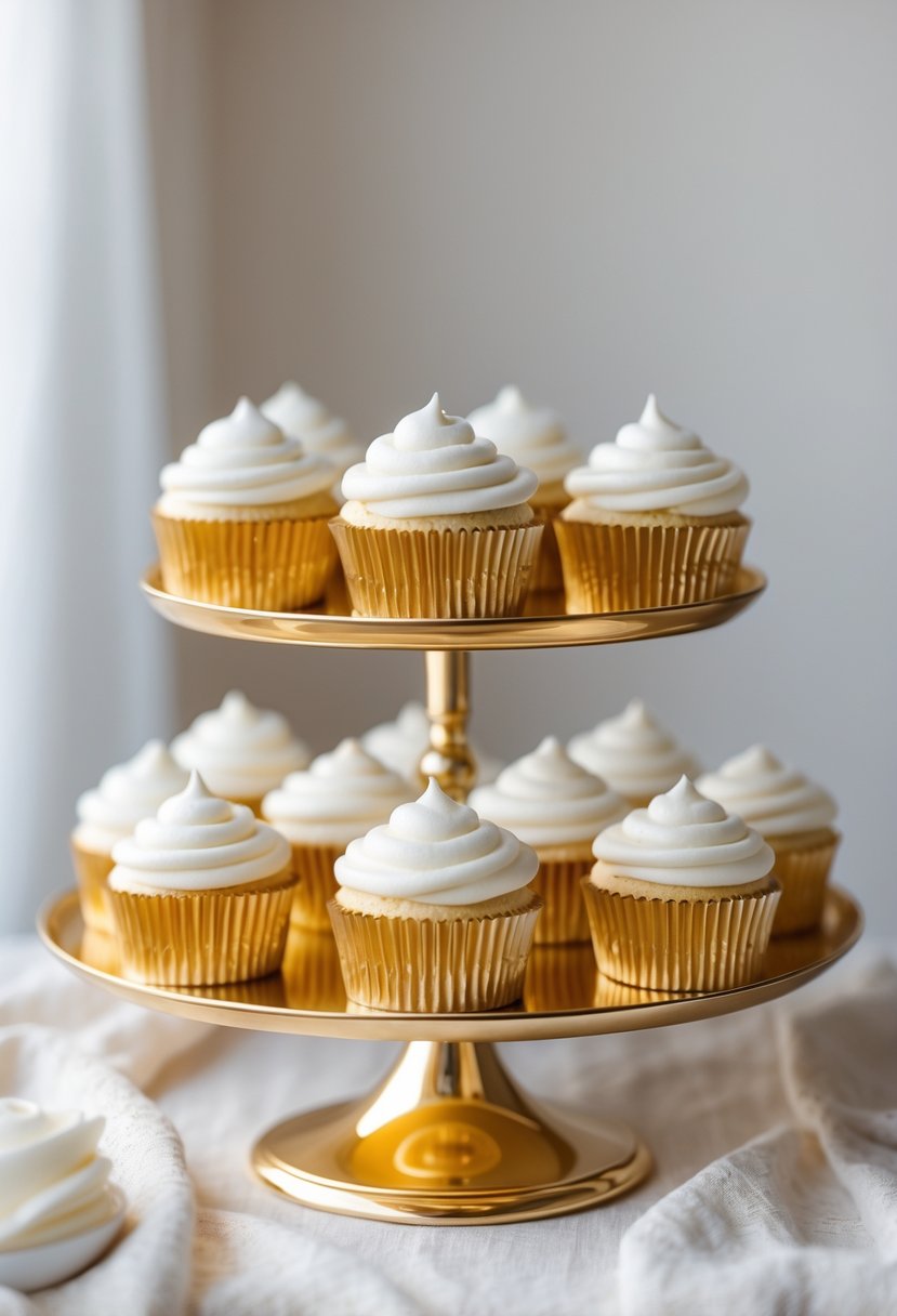 A gold-tiered cupcake stand holding white frosted cupcakes arranged on multiple levels.
