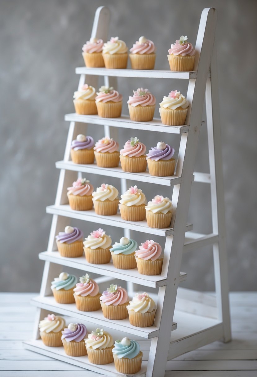 White wooden ladder shelf displaying multiple tiers of decorated cupcakes arranged in a cascading pattern.