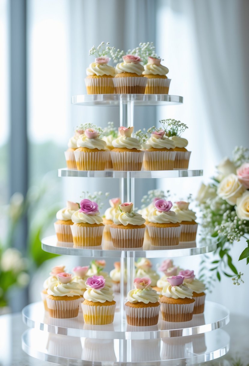 Clear acrylic cupcake display stand with decorated cupcakes and floral accents arranged on multiple tiers.