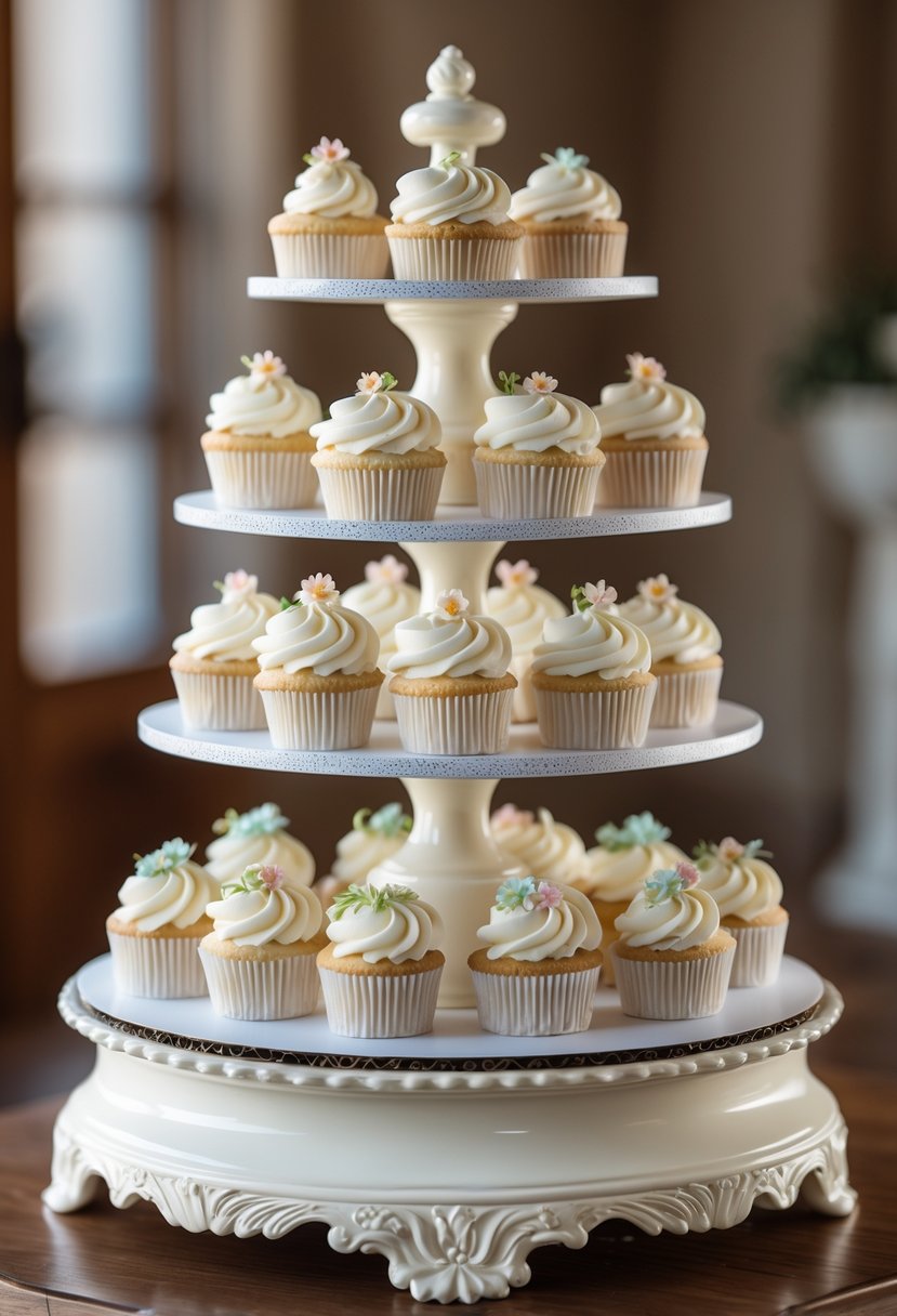 A creamy white multi-tiered cake stand holding decorated wedding cupcakes.