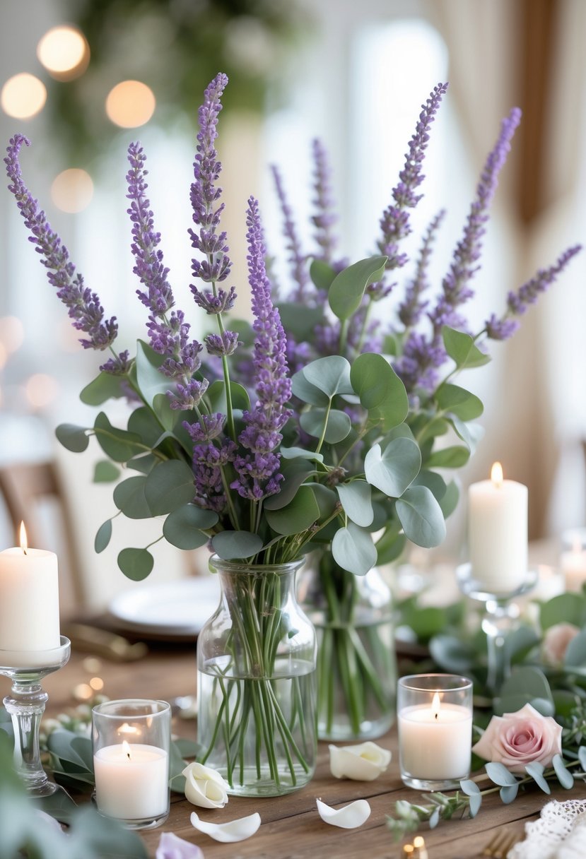 Table with centerpieces of lavender and eucalyptus in glass vases, surrounded by candles and rose petals.