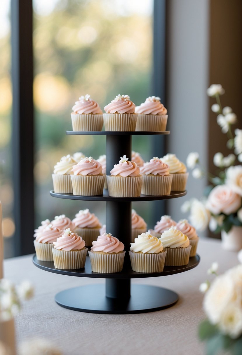 A tiered metal rack displaying multiple cupcakes decorated for a wedding on a table with soft lighting.