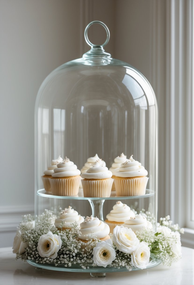 Glass dome display with a white floral wreath base holding classic wedding cupcakes.