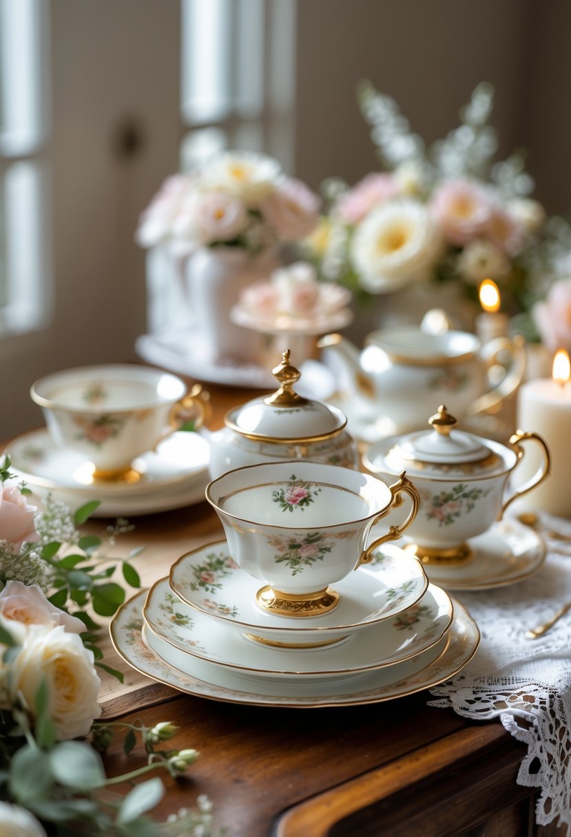 A fine porcelain tea set arranged on a wooden table with flowers and wedding shower decorations.