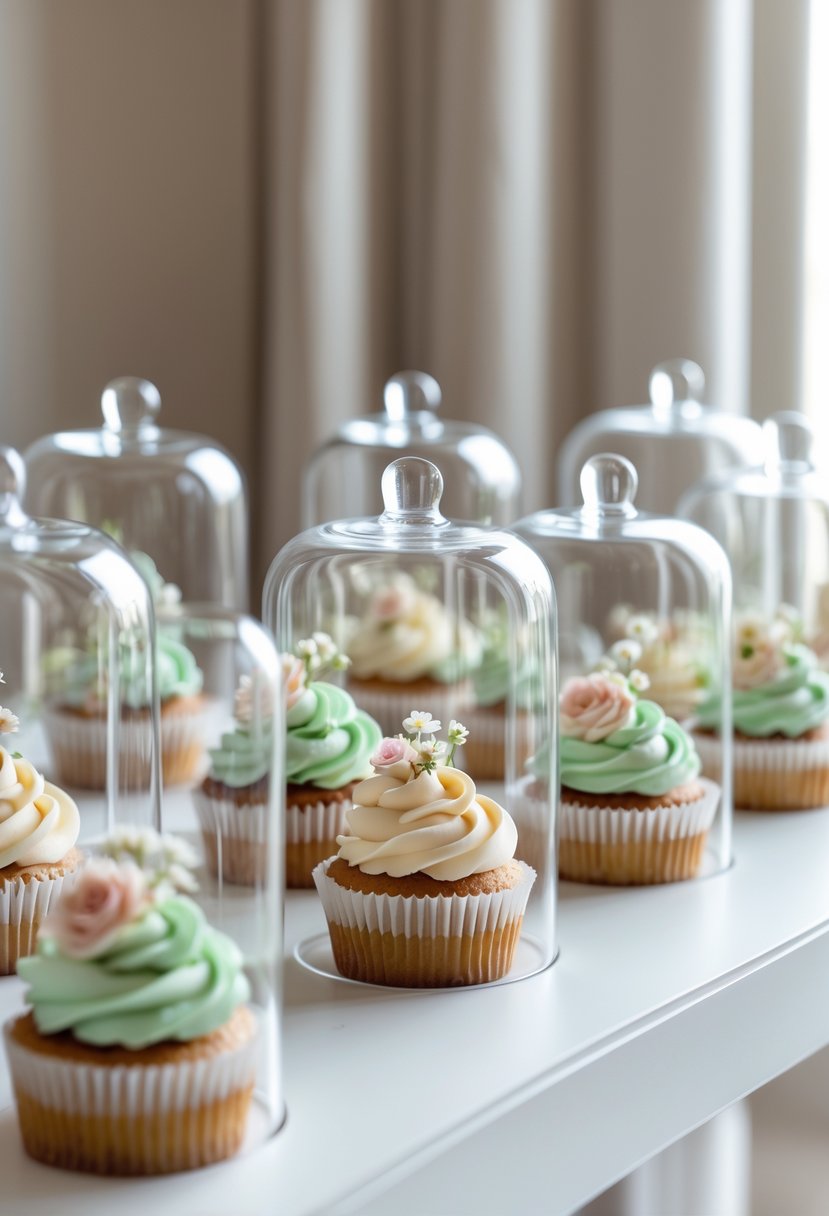Individual cupcakes under glass covers arranged on a white table for a wedding display.