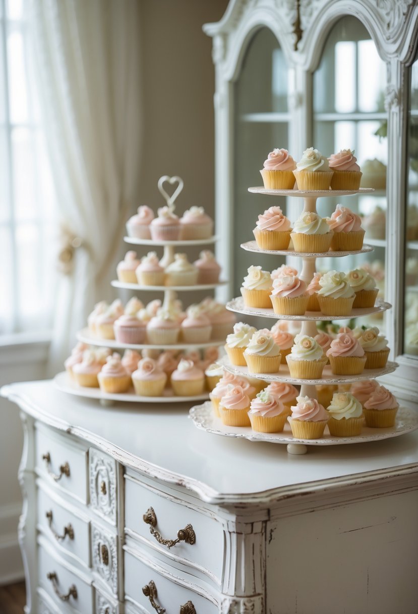 White vintage dresser with a tiered arrangement of decorated wedding cupcakes on top.