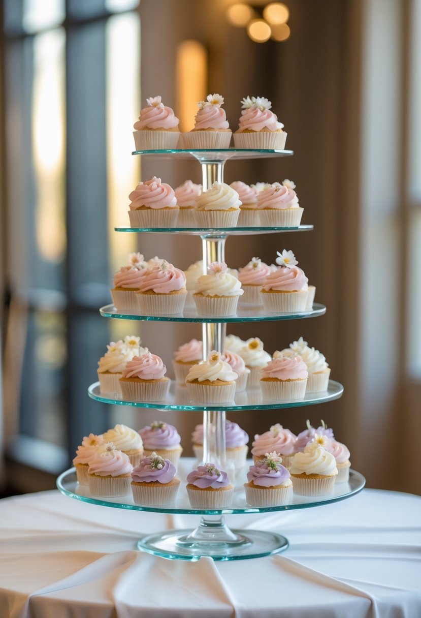 Tiered glass cake stand holding decorated wedding cupcakes on a white table.