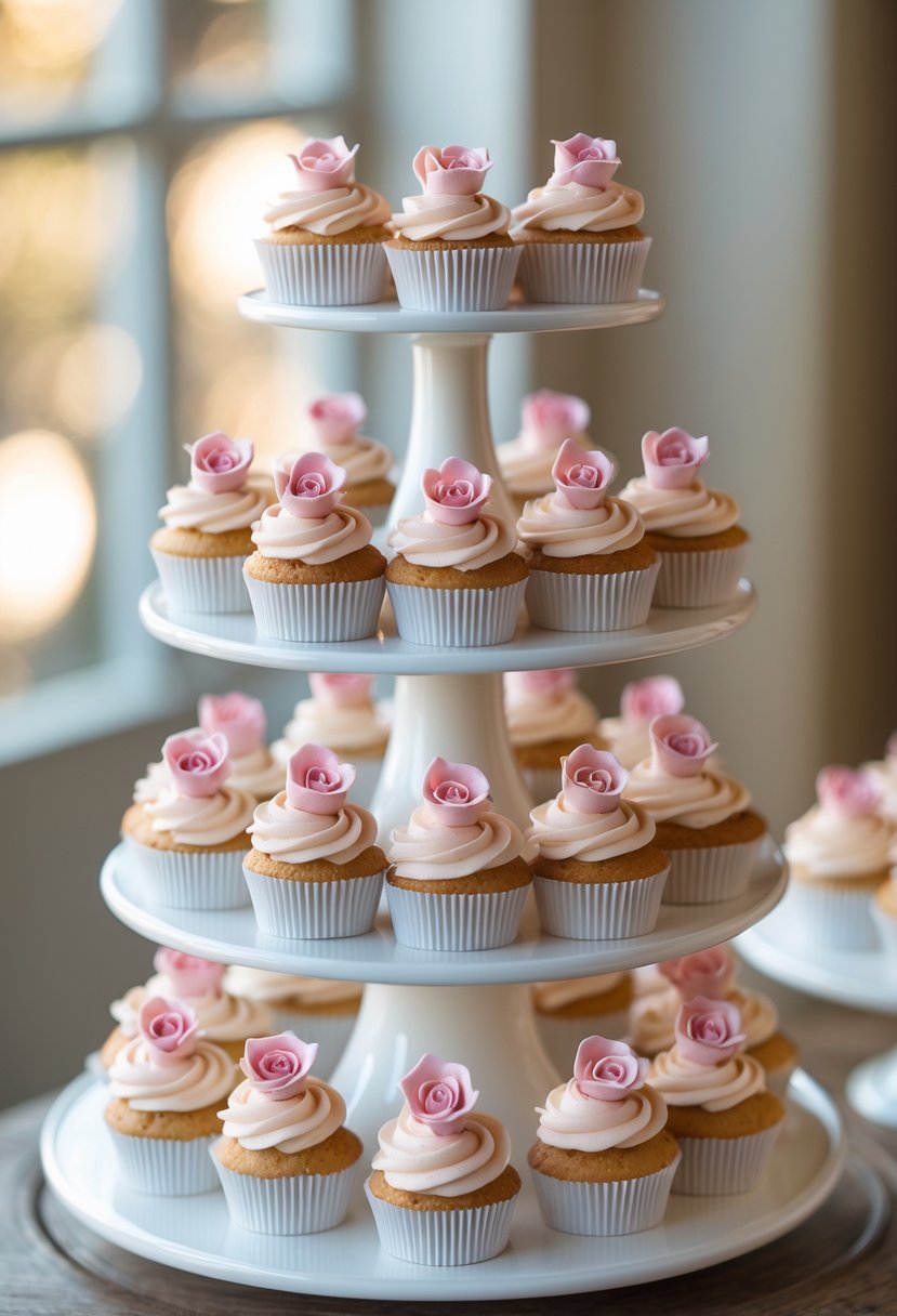 A white tiered cupcake stand holding cupcakes decorated with small pink rosebud frosting.