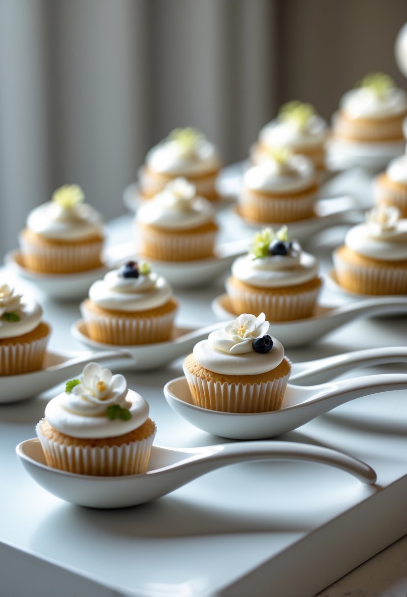 White ceramic spoons each holding a mini cupcake arranged neatly on a surface.
