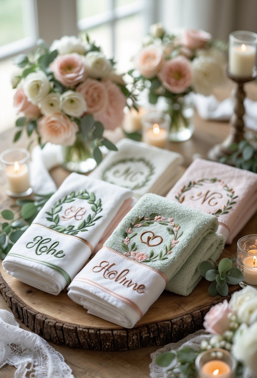 Custom embroidered guest towels arranged on a wooden table with wedding-themed decorations and fresh flowers.