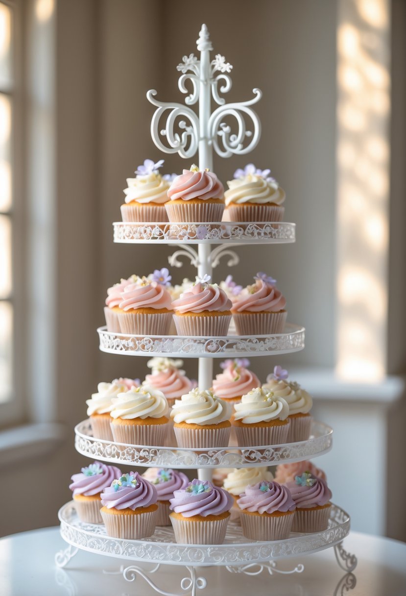 A white ornate metal cupcake tree stand holding several decorated wedding cupcakes on multiple tiers.