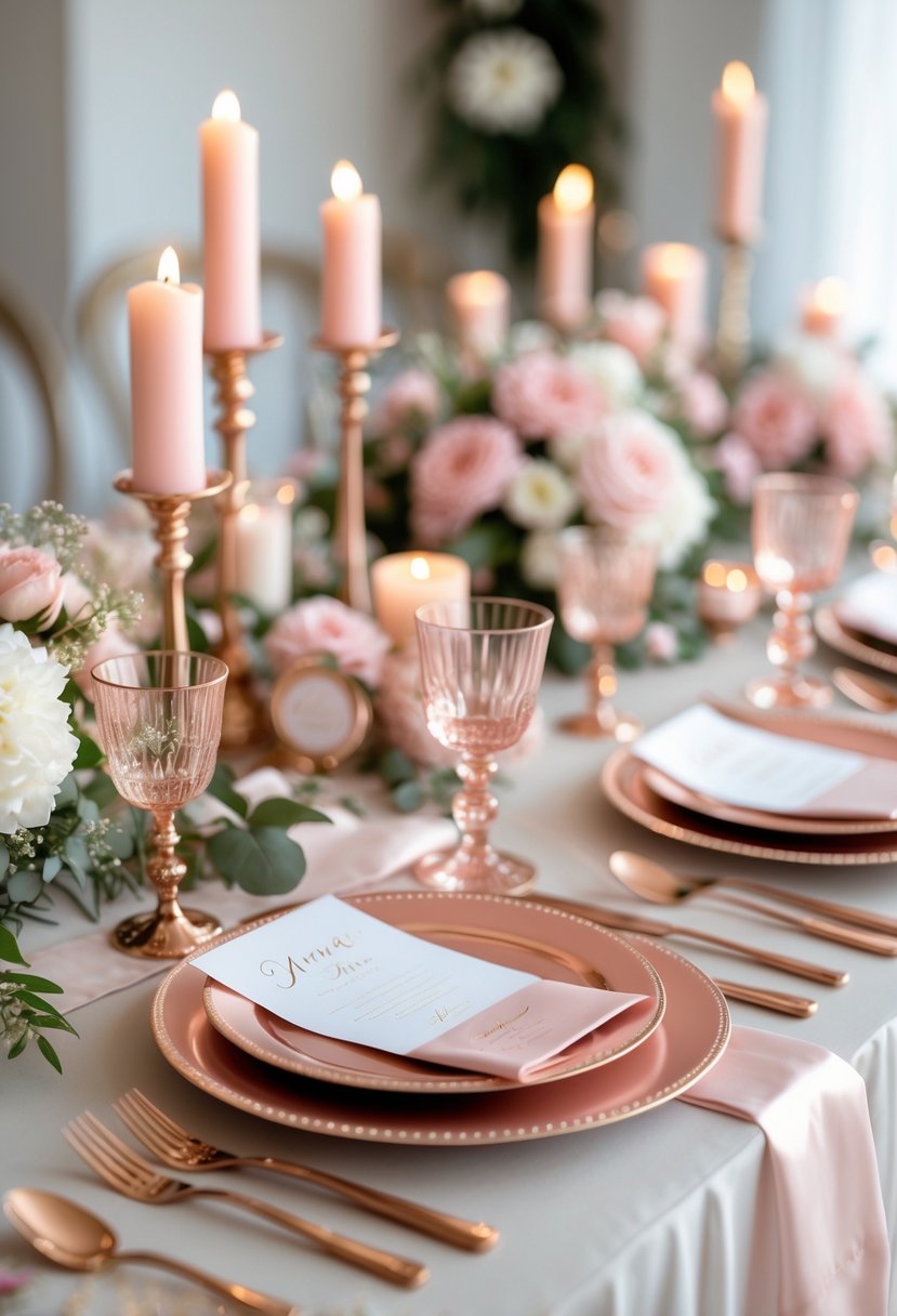 A wedding shower table set with rose gold plates, cutlery, glassware, pink and white flowers, and candles.