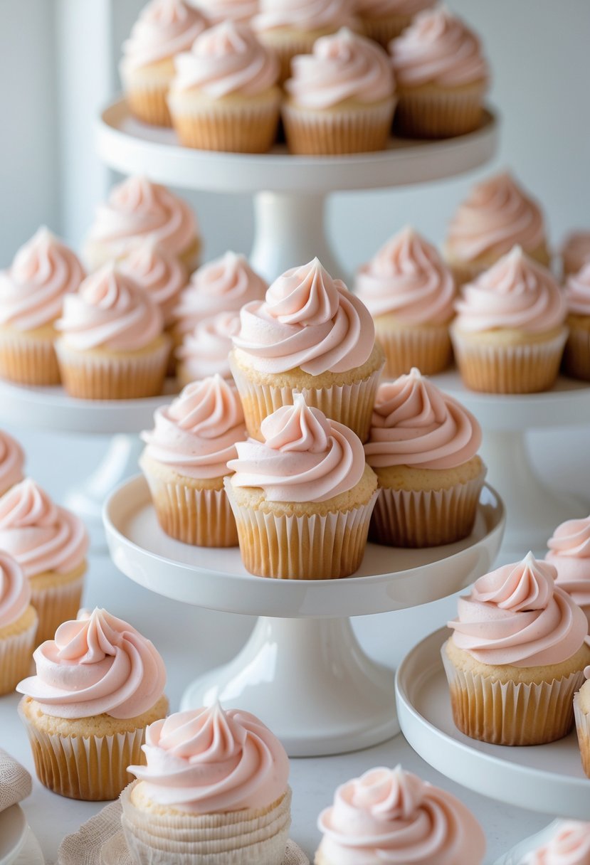 Round white ceramic platters displaying cupcakes with soft blush pink frosting arranged in a wedding-style presentation.