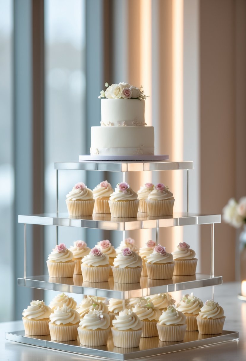 A multi-tiered floating cake and cupcake stand with a small wedding cake on top and decorated cupcakes on lower tiers.