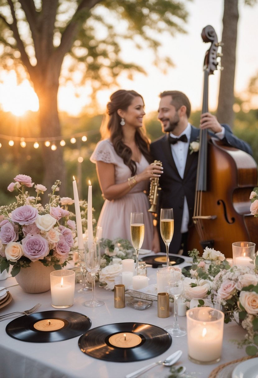 A couple enjoying an outdoor wedding shower with a decorated table and a small jazz band playing in the background.