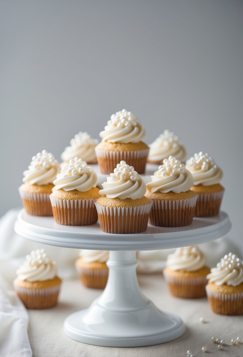 White pedestal stand displaying cupcakes topped with mini sugar pearls.