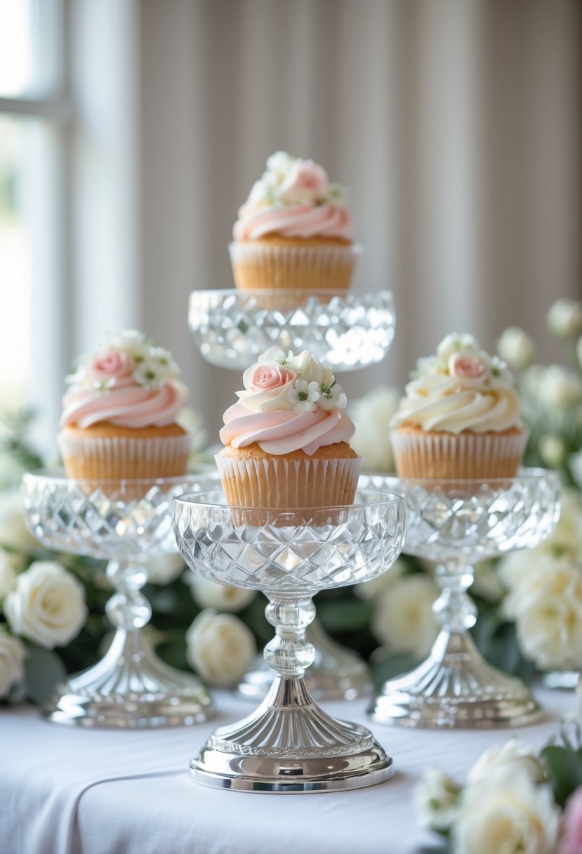 Crystal cupcake holders with silver bases holding decorated cupcakes on a white table at a wedding display.