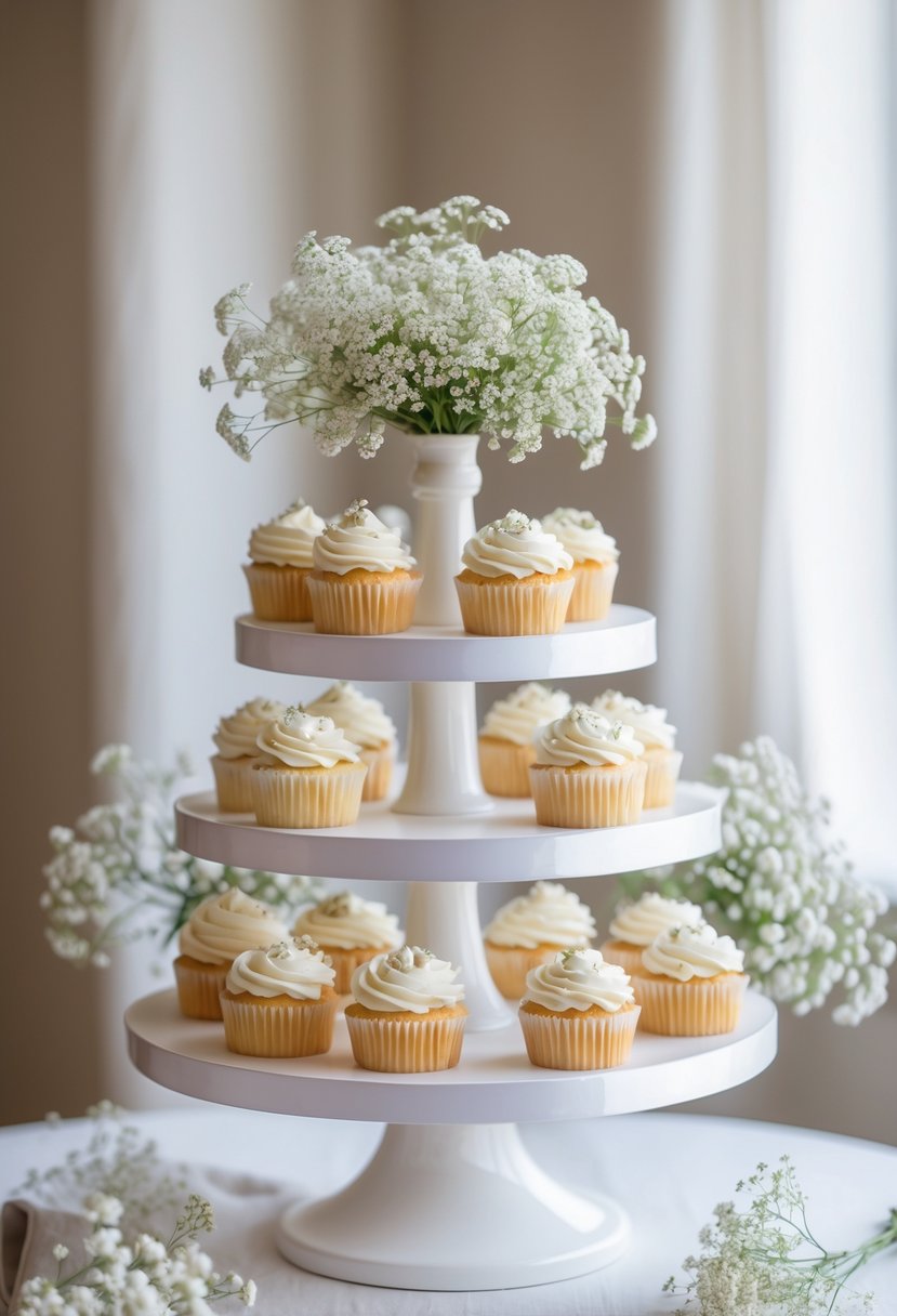 White tiered cake stand with fresh baby's breath flowers holding wedding cupcakes.