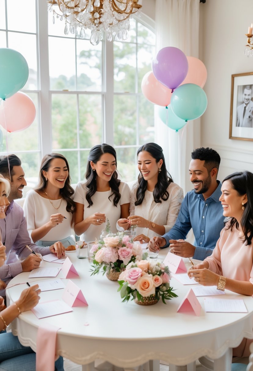 A group of people gathered around a table playing a trivia game about a couple at a wedding shower celebration.