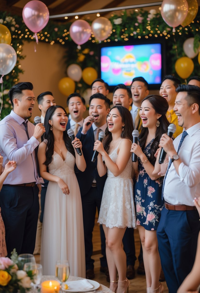 Couples singing and having fun together during a karaoke challenge at a wedding shower with festive decorations and guests in the background.