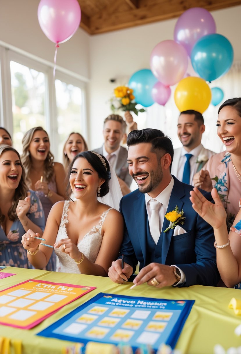 A newlywed couple playing a fun game at a wedding shower surrounded by smiling friends and festive decorations.