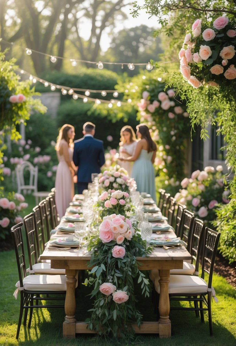 Outdoor garden party with decorated table, lush flowers, and guests enjoying a wedding shower celebration.