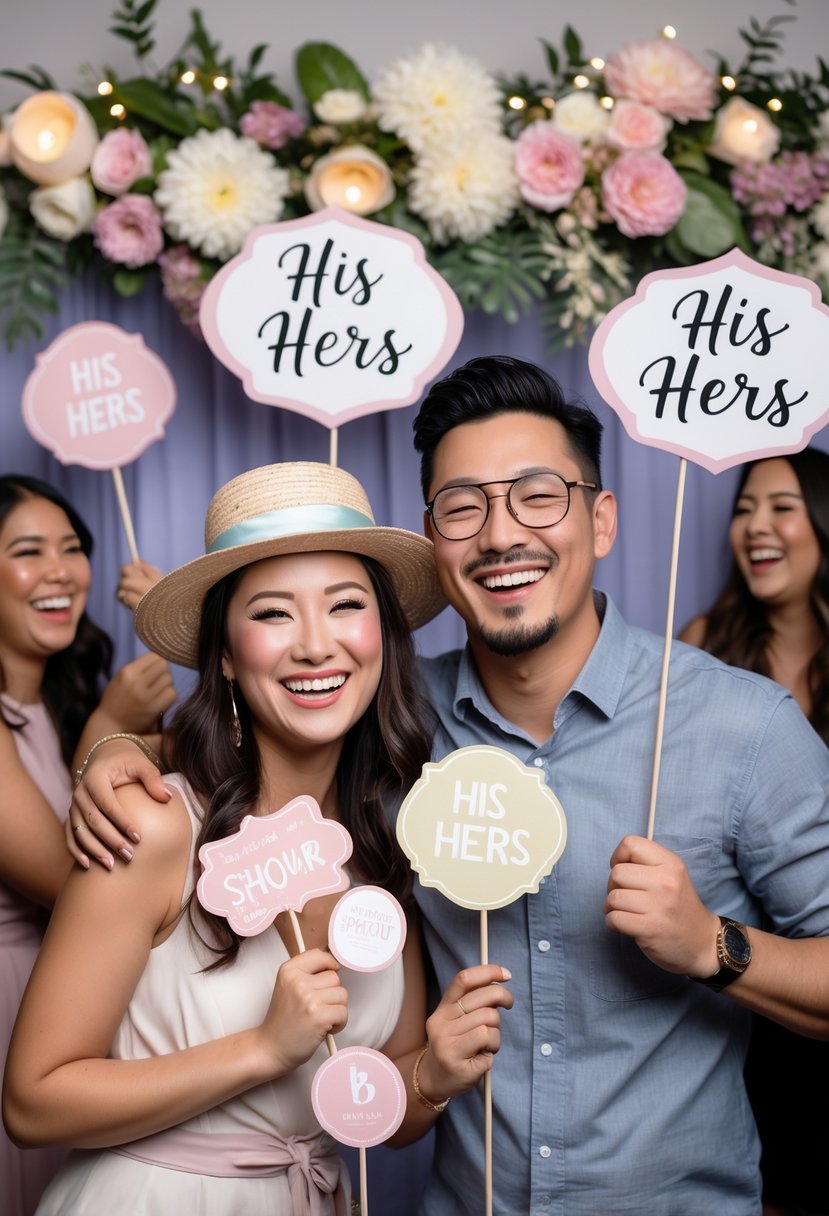 A couple smiling and posing together in a decorated photo booth at a wedding shower, surrounded by festive props and floral decorations.