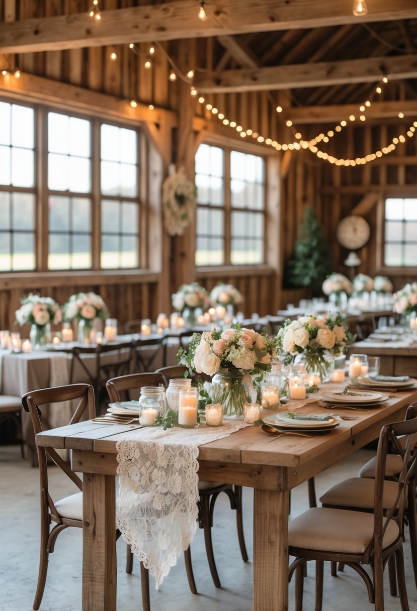 Interior of a rustic barn decorated for a wedding shower with wooden tables, floral centerpieces, candles, and string lights.