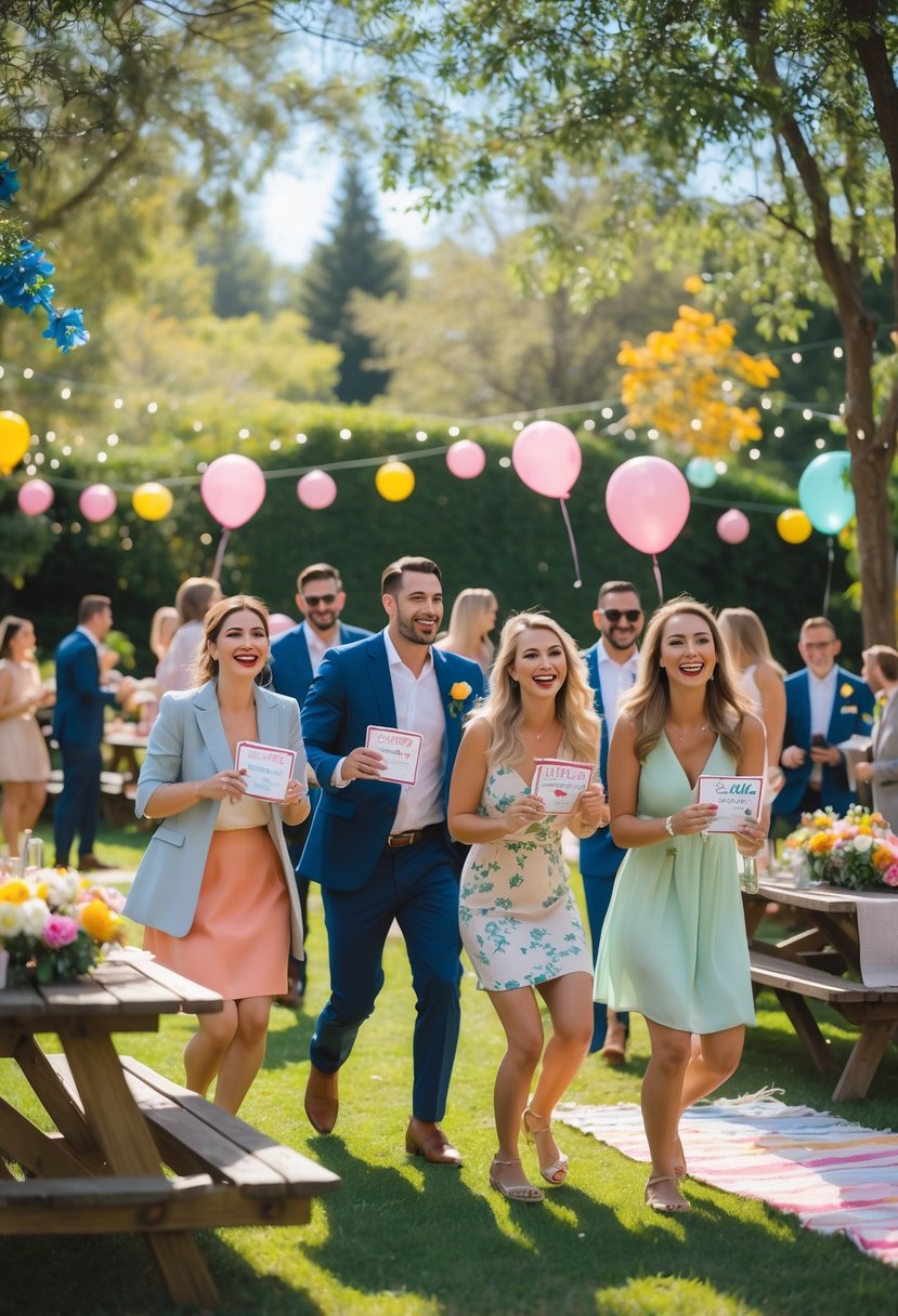 Couples happily searching for clues and items outdoors during a wedding shower scavenger hunt.