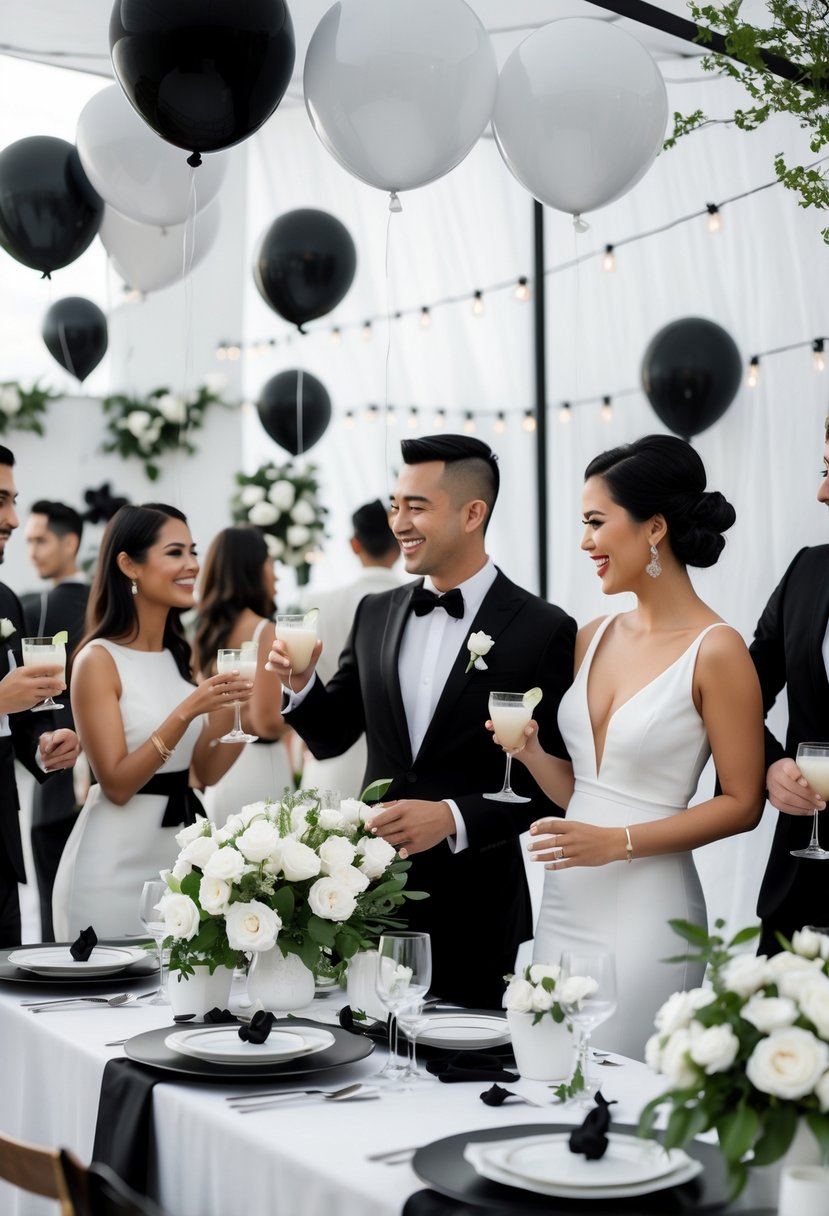 Couples dressed in black and white enjoying a wedding shower with elegant cocktail tables, floral arrangements, and ambient lighting.
